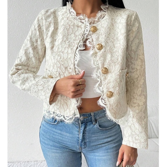 Classic Floral Eyelash Lace Button Frill Neck Lightweight Jacket - Picture 1 of 7